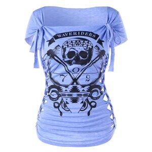 ZAFUL Blue + Black Skull Print Braided Shredded Cap Sleeve T-Shirt NWT Size XXL